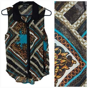 Living Doll LA Women's Size Medium Multi-Color Scarf Print Sleeveless Blouse Top